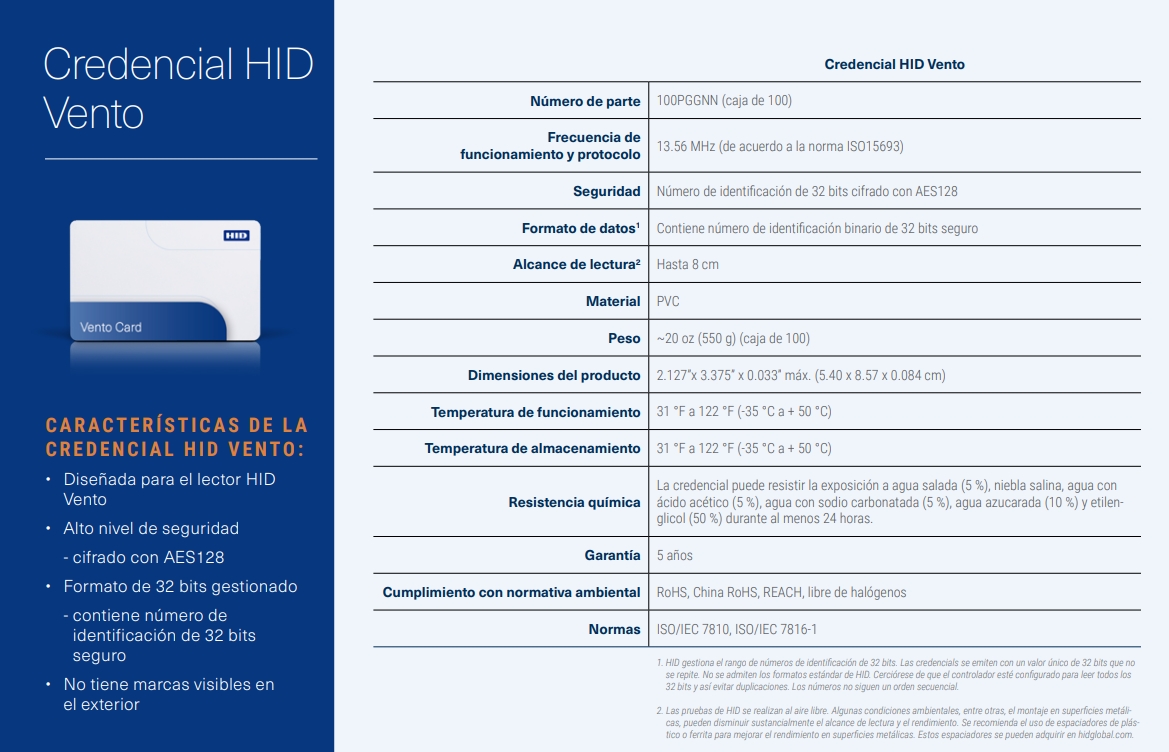 Características Credencial HID Vento